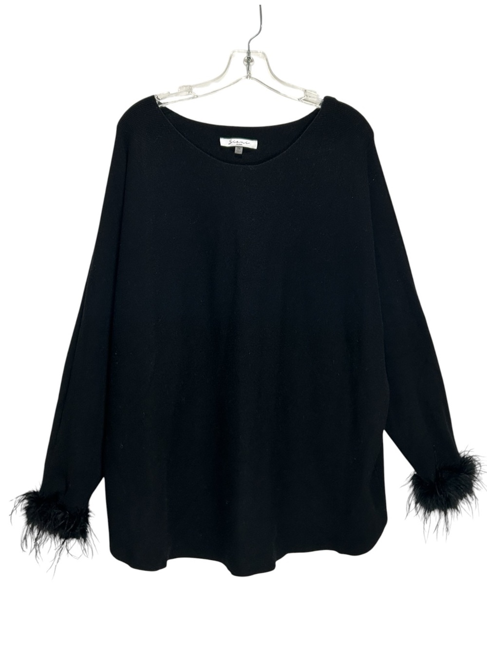 Sioni Milano Black Long Line, Relaxed Fit Sweater w/ Feather Trim - Size 2X